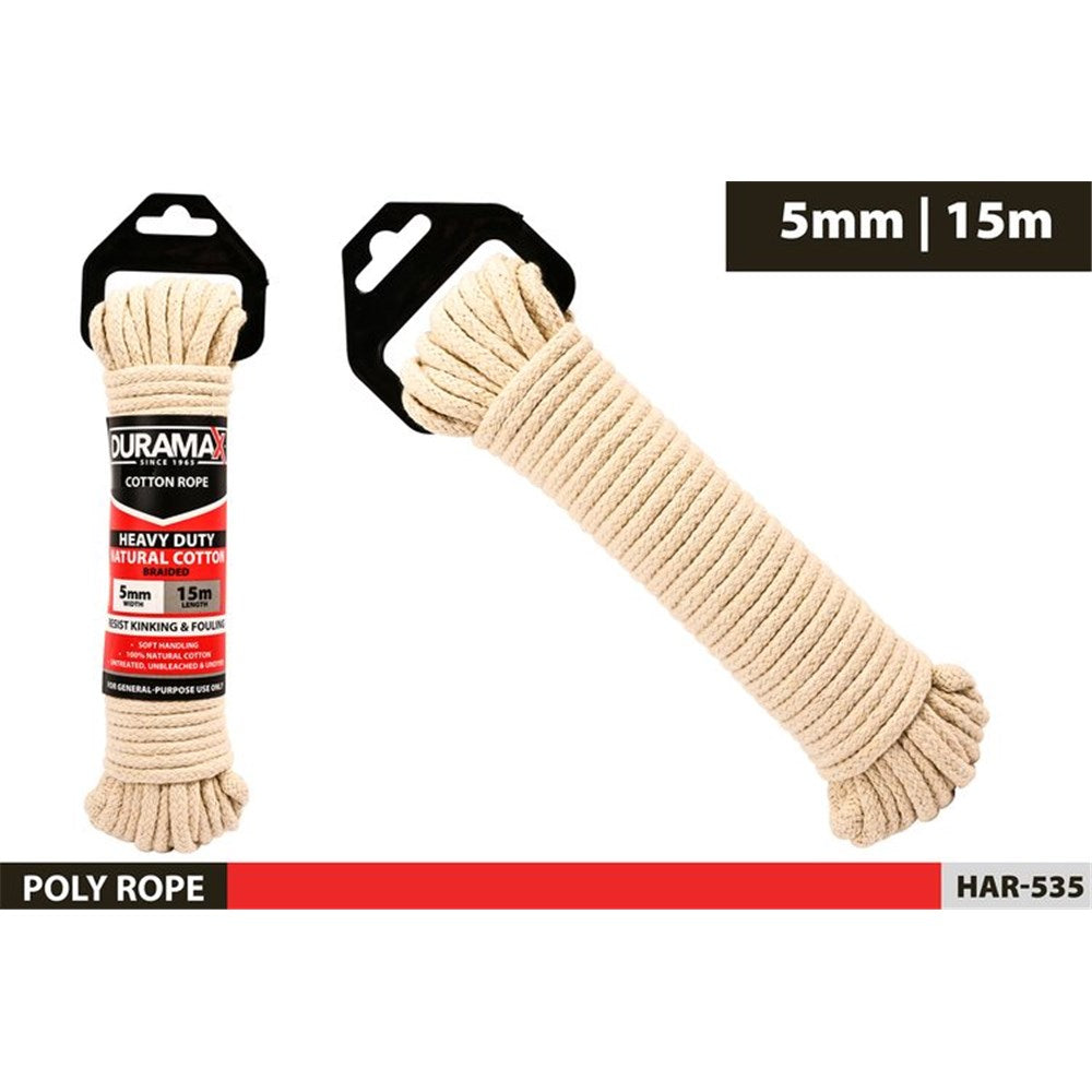 natural cream colour cotton rope; braided twisted texture; 5mm thickness rope; 15m length rope coiled; black and red product packaging;