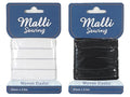 white elastic band wound on card; black elastic band wound on card; both packs show 15mm width; 2.5 metre length indicated on packaging; blue header card with Malli Sewing branding;