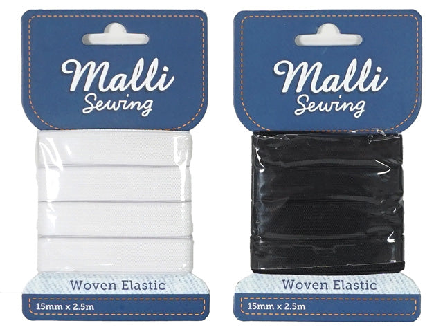 white elastic band wound on card; black elastic band wound on card; both packs show 15mm width; 2.5 metre length indicated on packaging; blue header card with Malli Sewing branding;