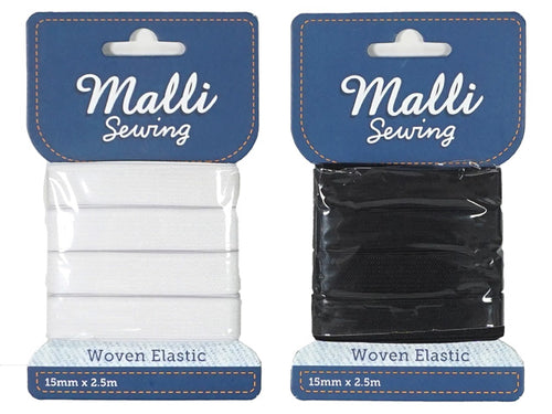white elastic band wound on card; black elastic band wound on card; both packs show 15mm width; 2.5 metre length indicated on packaging; blue header card with Malli Sewing branding;
