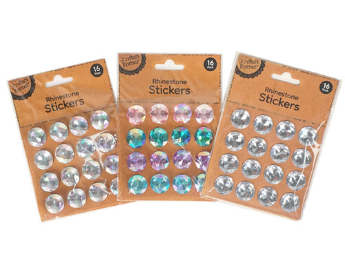 packaging labelled 'Rhinestone Stickers 16 Pack'; round faceted rhinestones; clear and assorted colours; brown kraft style backing card; single packs with 16 gems each;
