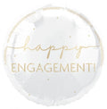 round white foil balloon; gold text 'happy engagement!'; small gold heart accents; 45cm (18 inch) size;