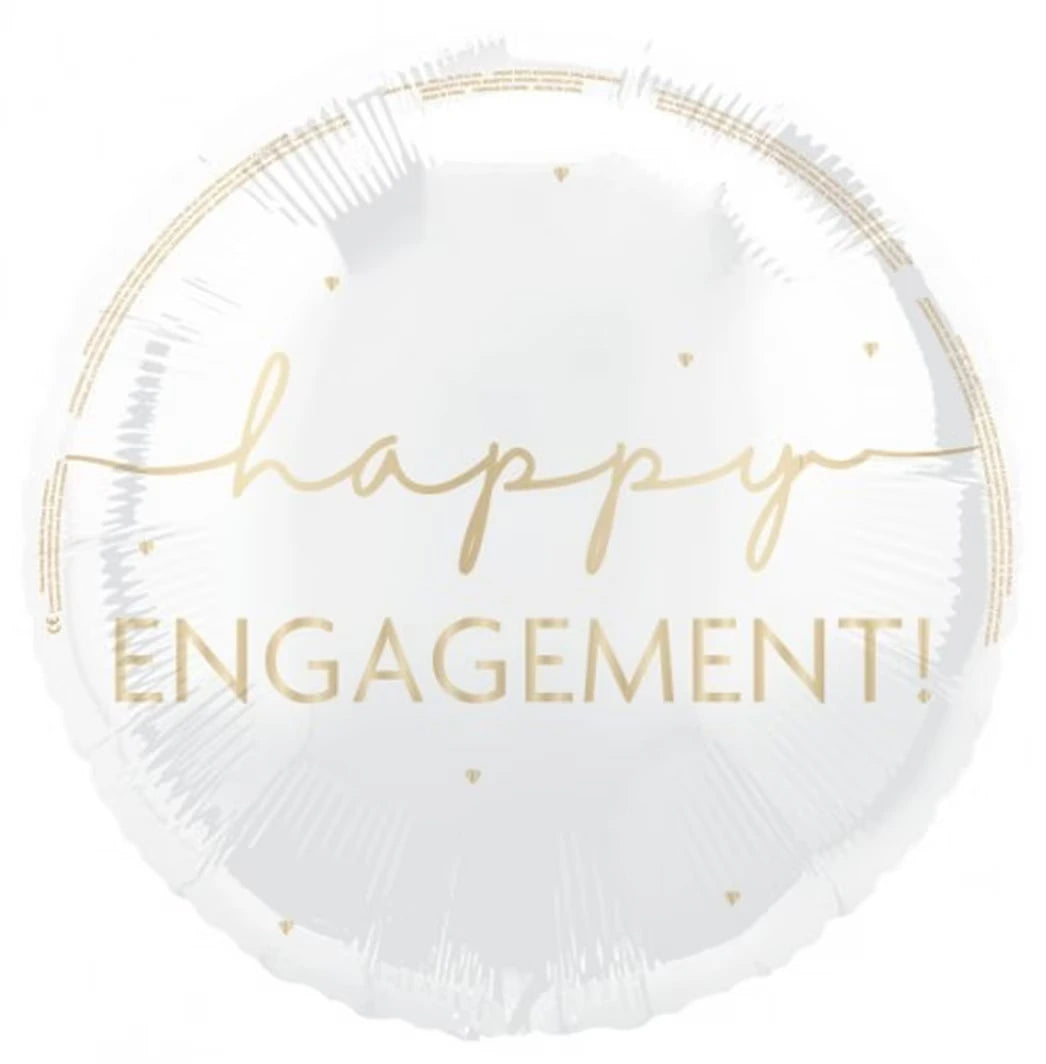 round white foil balloon; gold text 'happy engagement!'; small gold heart accents; 45cm (18 inch) size;