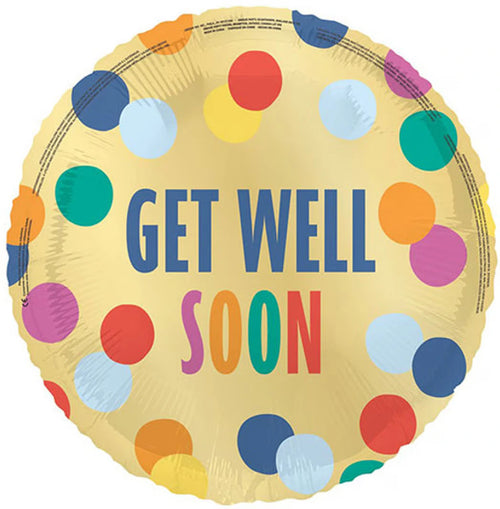 Round gold foil balloon; Multicoloured spots around edge; Text 'GET WELL SOON' in blue and mixed colours; Folded foil texture visible;