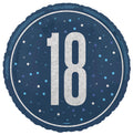 round blue foil balloon; silver number 18 printed; blue and silver confetti pattern; approx. 45cm diameter;