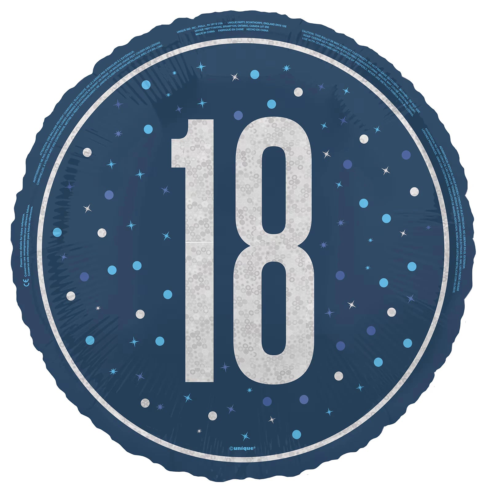 round blue foil balloon; silver number 18 printed; blue and silver confetti pattern; approx. 45cm diameter;