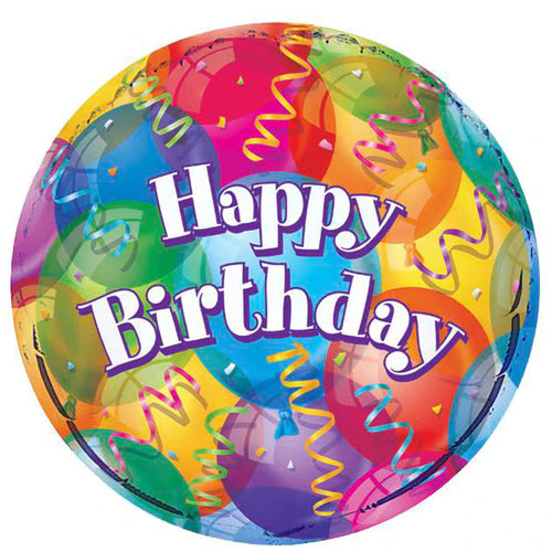 Round foil balloon; Multicoloured balloons background; 'Happy Birthday' text in white with purple outline; Streamers in yellow and purple;