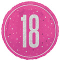 Round pink foil balloon; Silver '18' printed in the centre; Glittery spots decoration; 45cm size indicated; Shiny reflective surface;