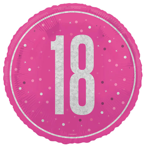 Round pink foil balloon; Silver '18' printed in the centre; Glittery spots decoration; 45cm size indicated; Shiny reflective surface;