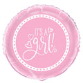 pink round foil balloon; white text 'It's A Girl'; heart-shaped decoration around text; shiny foil material;