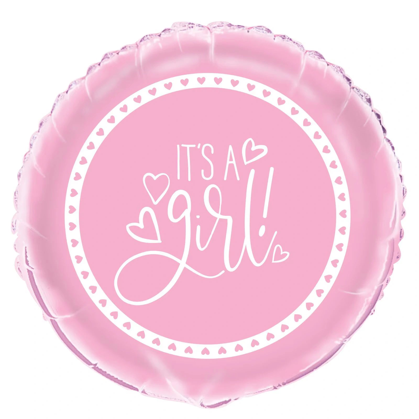 pink round foil balloon; white text 'It's A Girl'; heart-shaped decoration around text; shiny foil material;