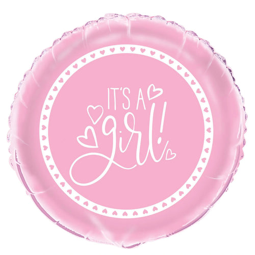pink round foil balloon; white text 'It's A Girl'; heart-shaped decoration around text; shiny foil material;