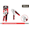 180mm size marking visible; chromium vanadium steel material; red and black ergonomic grips; locking pliers style tool;