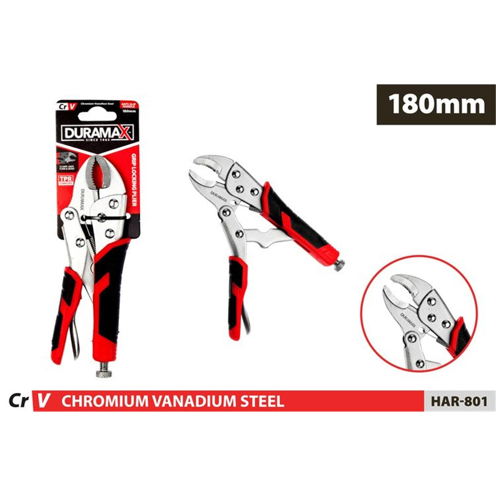 180mm size marking visible; chromium vanadium steel material; red and black ergonomic grips; locking pliers style tool;