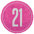Pink round foil balloon; Silver holographic number '21'; Polka dot and star accents; Glossy finish;