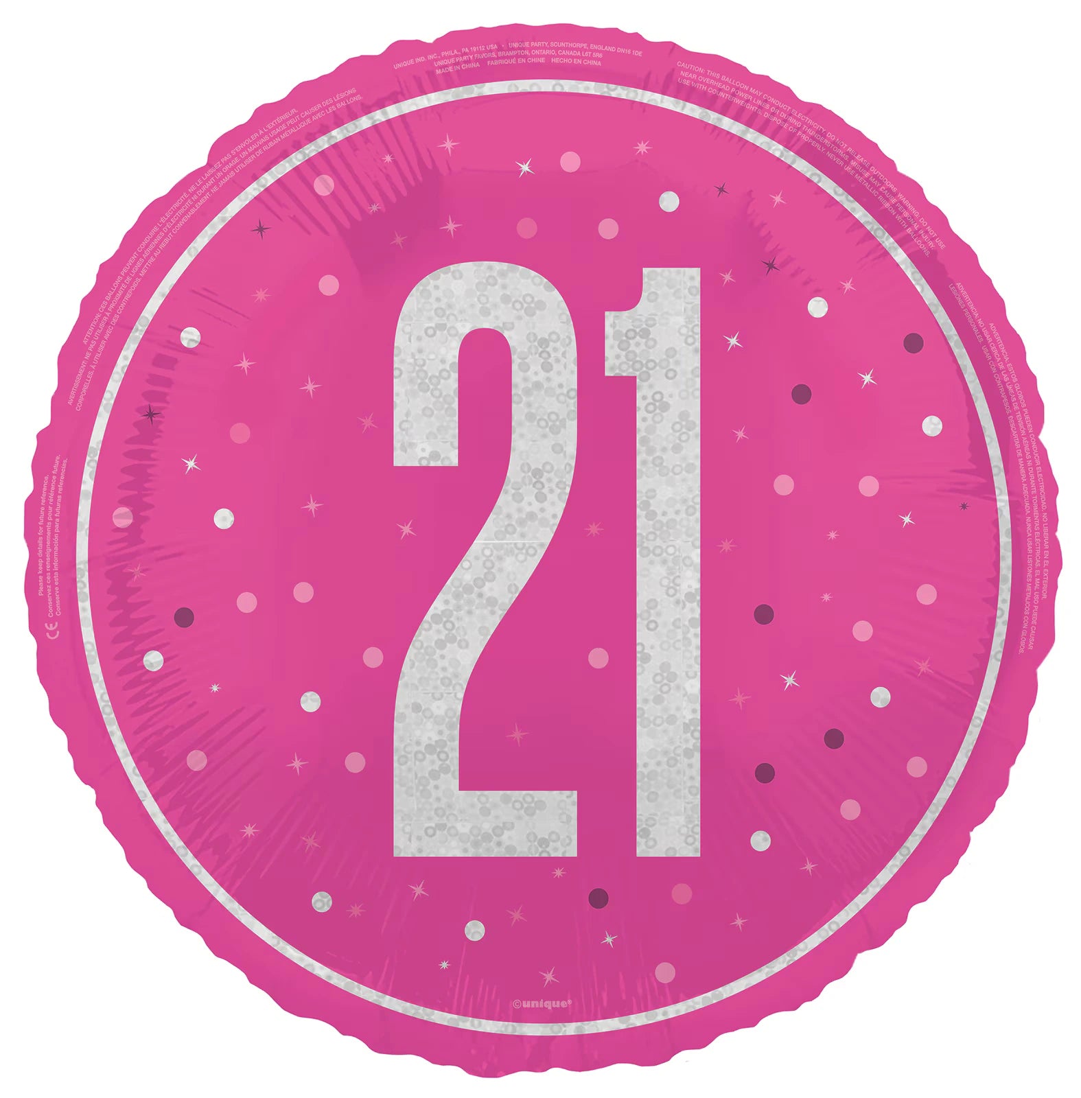 Pink round foil balloon; Silver holographic number '21'; Polka dot and star accents; Glossy finish;