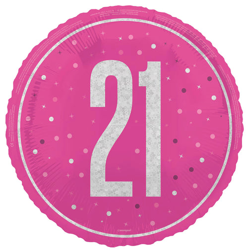 Pink round foil balloon; Silver holographic number '21'; Polka dot and star accents; Glossy finish;
