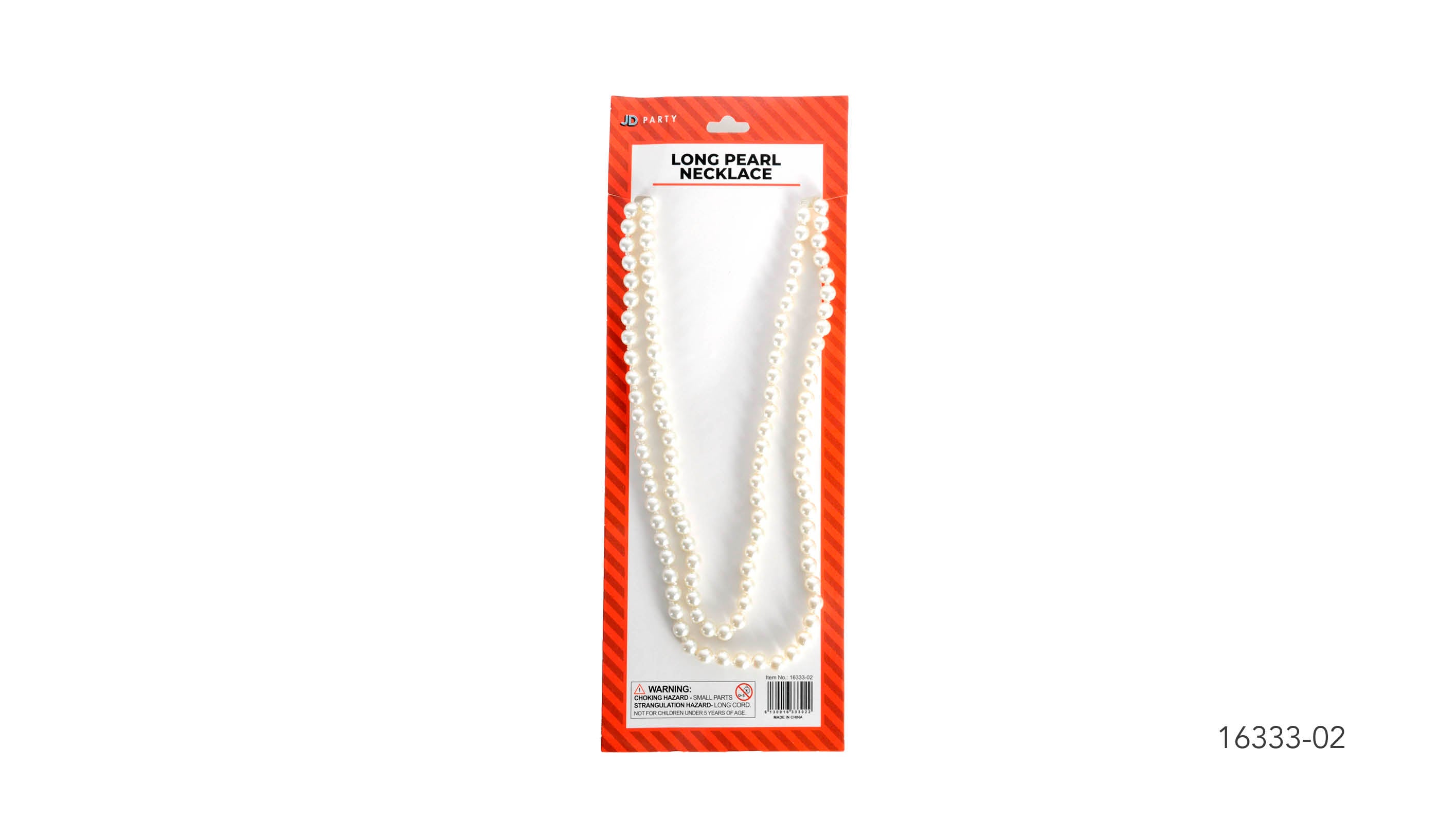 white pearl beads; long strand necklace; packaged on red and white card; beads are round and glossy;