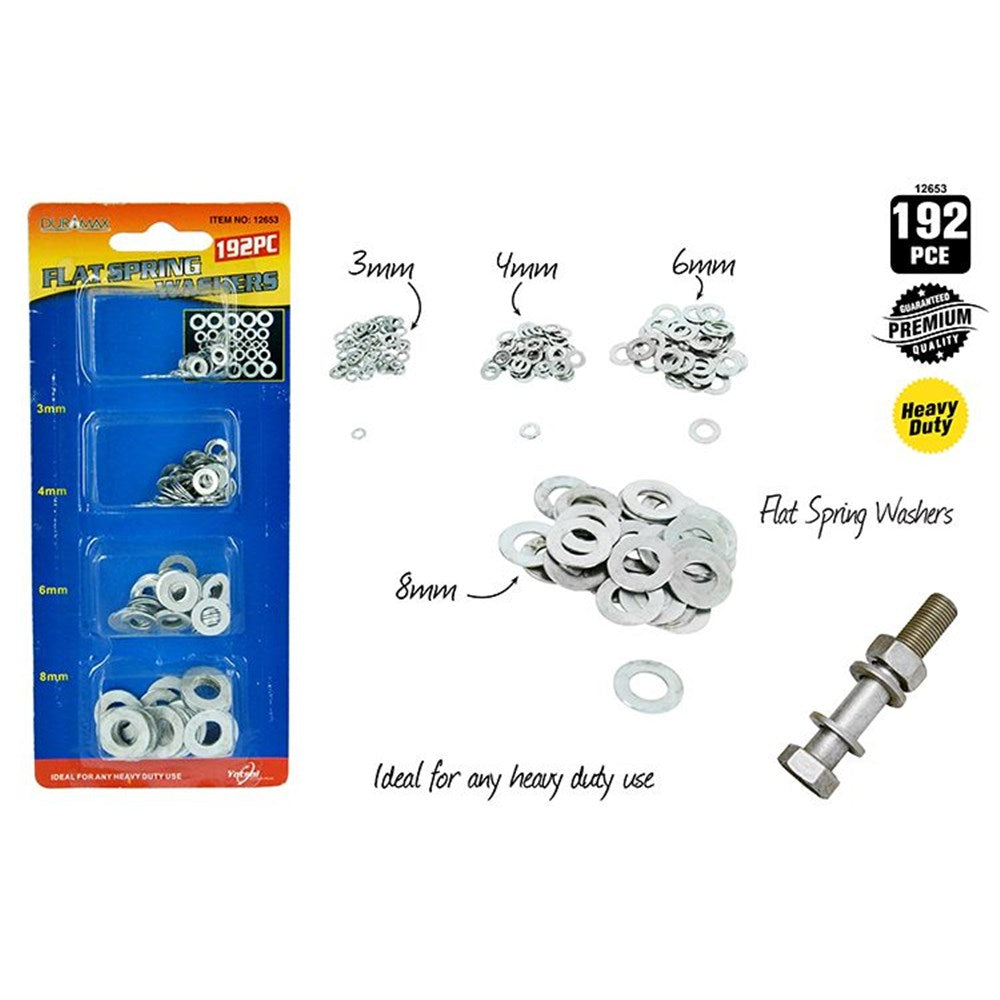 Blue and orange packaging; Clear plastic compartments with washers; Silver metal washers in different sizes; Text showing sizes 3mm, 4mm, 6mm, 8mm on packaging; Heavy duty and premium quality labels on packaging;