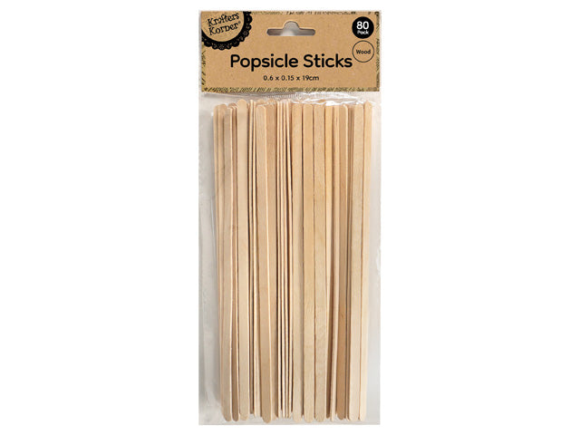 natural wood colour; thin flat wooden sticks; rounded ends; pack of 80 sticks in clear packaging with cardboard header;