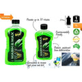 green liquid in transparent bottle; black label with silver and gold text; black screw cap; bottle shaped with grip sides; label shows car and wheel image;
