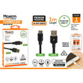 black braided cable; USB-A and USB-C connectors; 1 metre length packaging; compatible with Android USB-C devices;