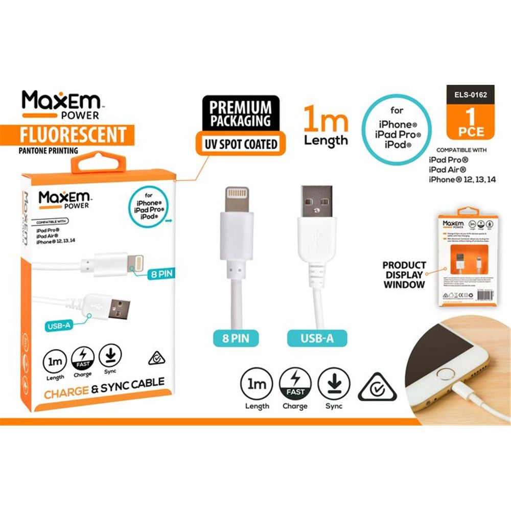 white cable with USB-A and Lightning connectors; 1 metre length indicated; packaging features orange and white colours; compatible with iPhone, iPad Pro, iPod; premium packaging with UV spot coating;
