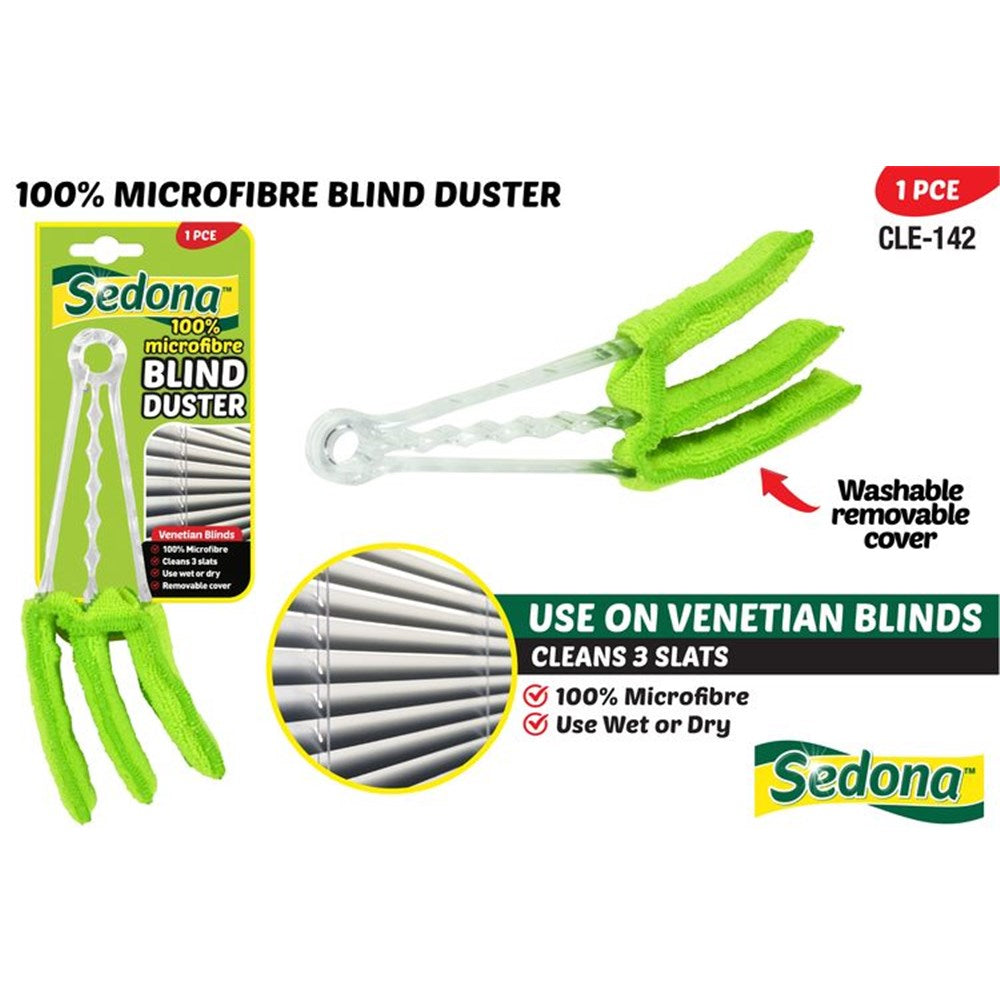 bright green microfibre covers; transparent plastic handle; three microfibre cleaning arms; packaged on branded card; compact handheld design;