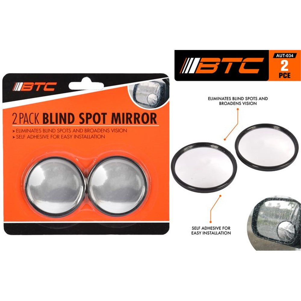 2 round mirrors with black border; packaged in orange and black card; self-adhesive backing visible; mirrors fitting on side vehicle mirror shown;