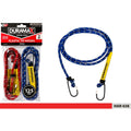 Two bungee cords packed together; Cord length 125cm; One cord red, one cord blue; Plastic tip hooks on each end; Elastic material with white dotted pattern;