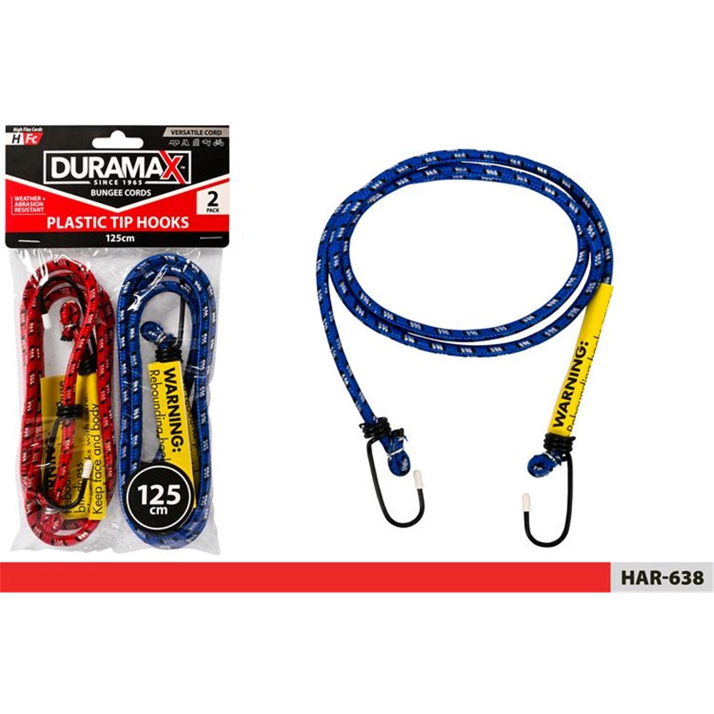 Two bungee cords packed together; Cord length 125cm; One cord red, one cord blue; Plastic tip hooks on each end; Elastic material with white dotted pattern;