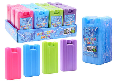 pack of 2 rectangular freezer cubes; assorted colours including pink, blue, green and purple; rectangular shape with vertical grooves; 100ml capacity label visible; display box packaging;
