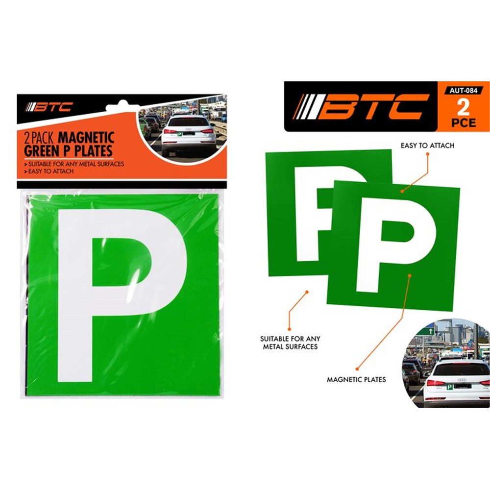 2 green magnetic plates with white 'P'; square shape; pack of 2; packaging with orange and black BTC branding; designed for vehicle use;