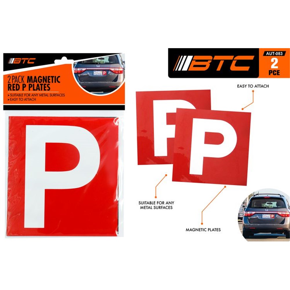 red square plates with large white letter P; magnetic backing; packaged in plastic with orange and black label; pack contains 2 plates;