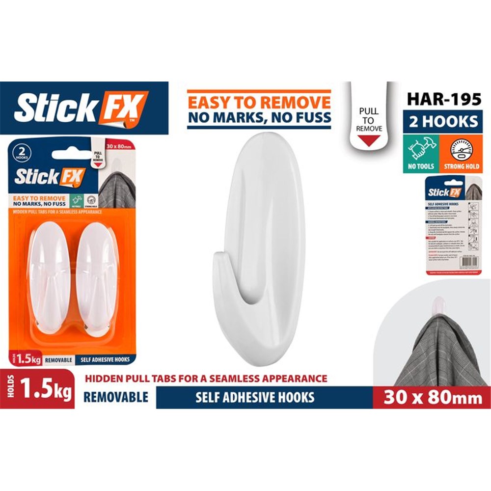 white plastic hooks; oval shape; pack of two hooks; packaging shows orange and blue branding; hooks have hidden pull tabs for removal;