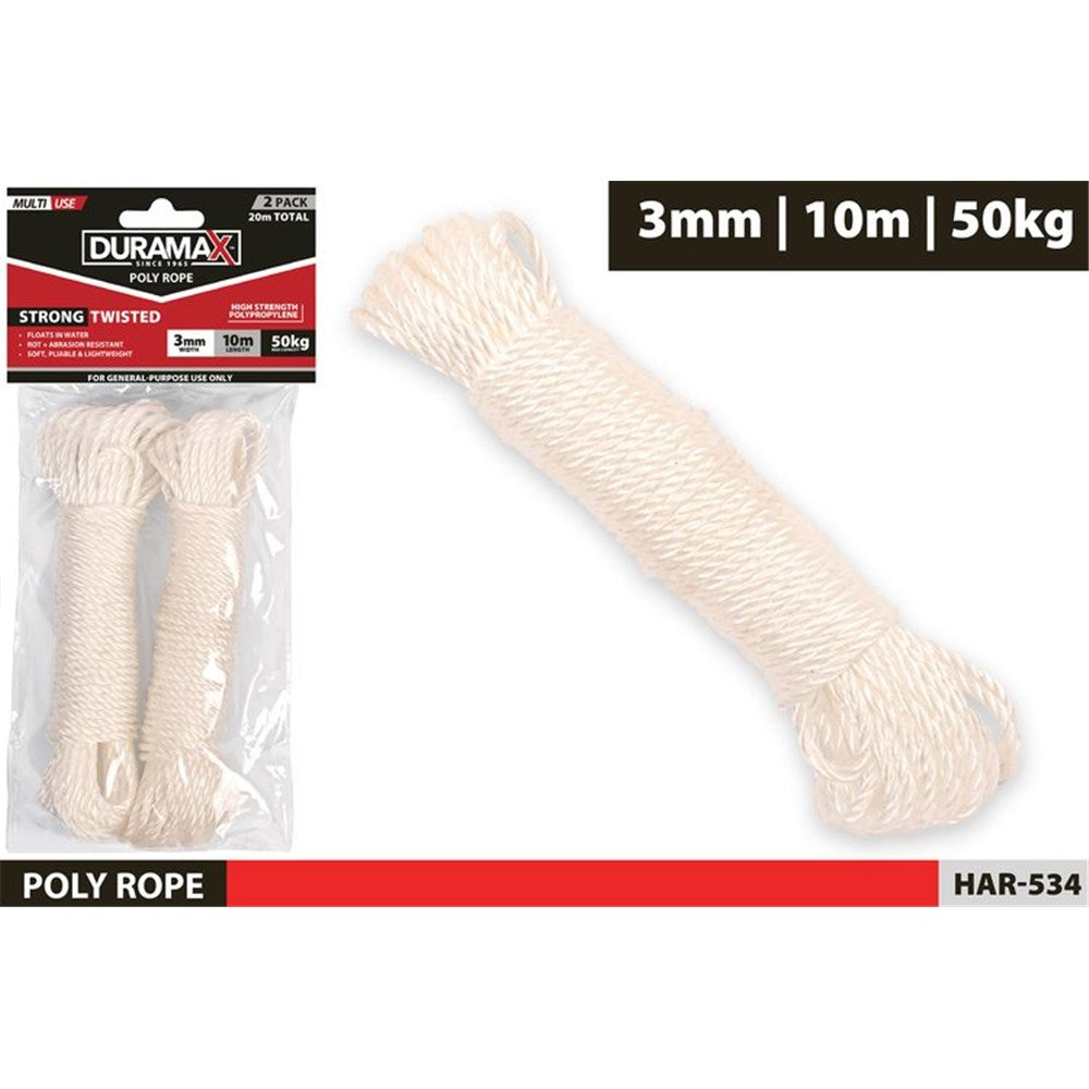white colour; twisted rope; 2 pack; each rope 10m length; 3mm diameter;