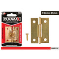 Brass plated metal finish; Pack of two hinges; Hinge size 50mm x 35mm; Includes self-drilling screws; Removable hinge pins;