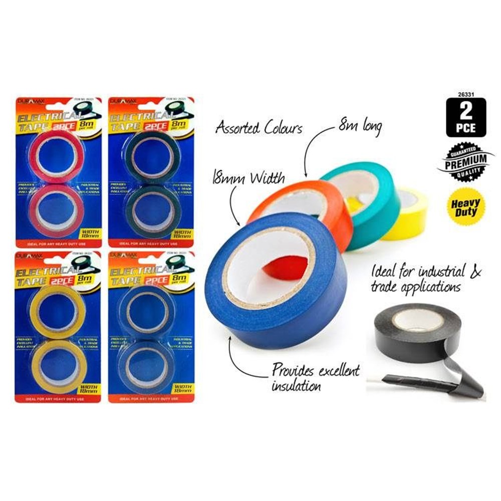 Two rolls of electrical tape per pack; Assorted colours including red, blue, yellow, black; Each roll 8 metres long; Each roll 18mm wide; Packaging shows '2 PCE' and 'Heavy Duty';
