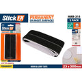 black hook and loop tape; two strips in pack; 25mm width; 500mm length; packaging with orange and blue accents;