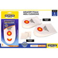white memory foam pads with textured surface; orange and yellow circular comfort logo on pads; includes adhesive strips; packaged in clear plastic with yellow and blue card; unisex and one size markings;
