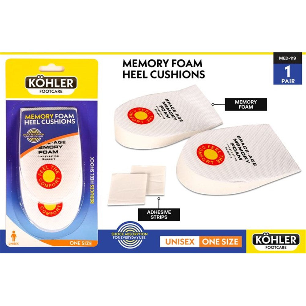 white memory foam pads with textured surface; orange and yellow circular comfort logo on pads; includes adhesive strips; packaged in clear plastic with yellow and blue card; unisex and one size markings;