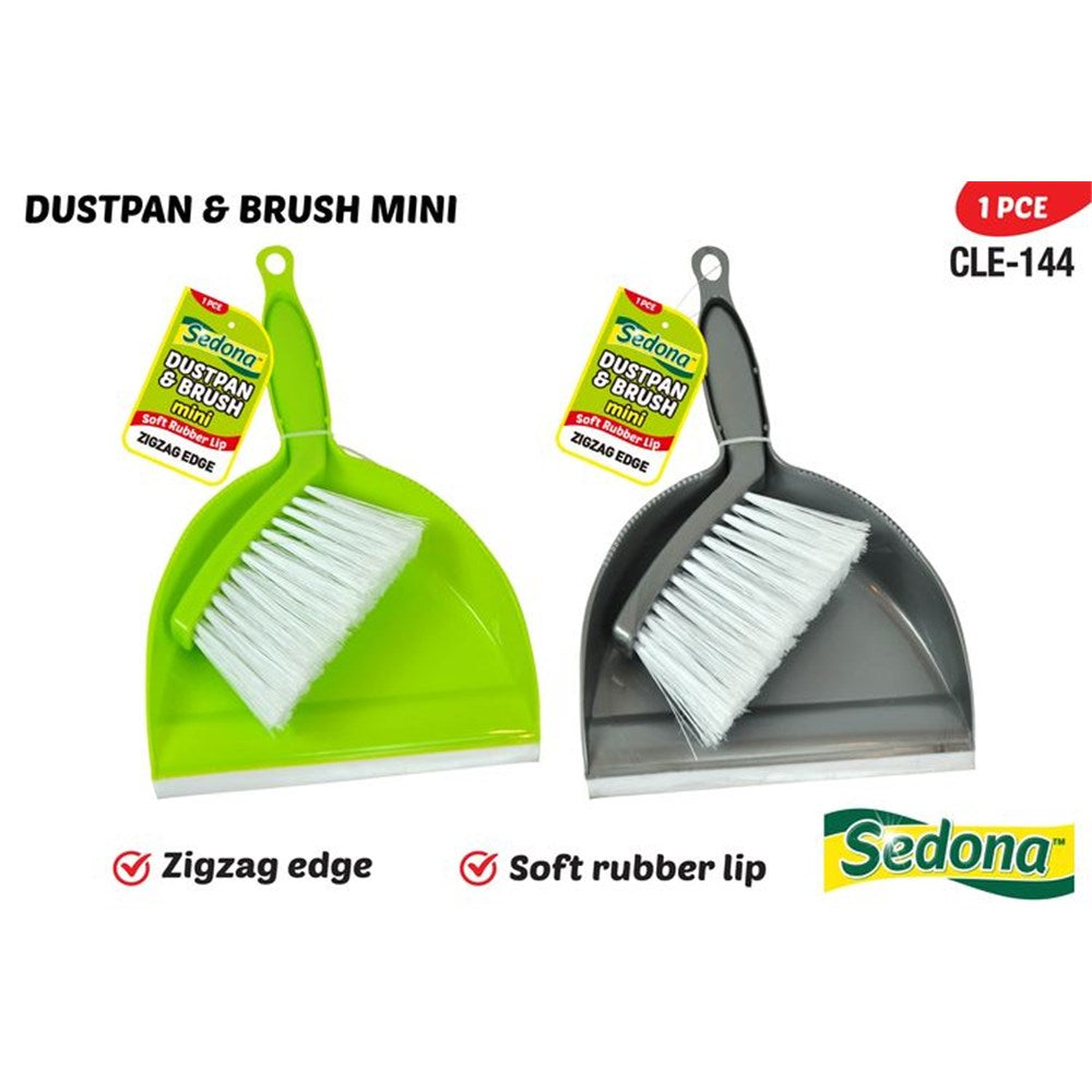 mini dustpan and brush set; soft rubber lip on dustpan; zigzag edge on dustpan; brush with white bristles; available in green and grey;