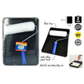 black plastic paint tray with ridged surface; white paint roller cover; blue roller handle; sealed plastic packaging;