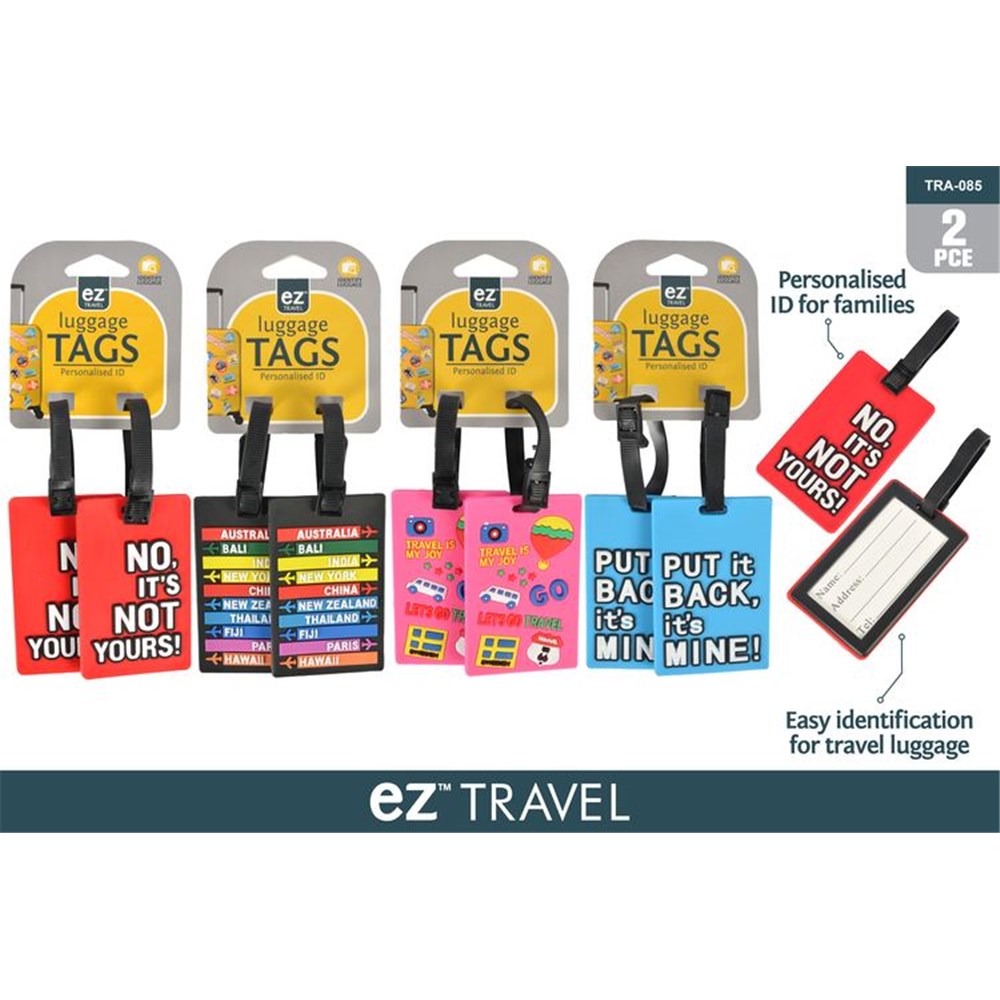 2 piece sets of luggage tags; Four assorted colourful designs; PVC material with smooth finish; Includes black adjustable straps; Tags show printed personalised ID card;