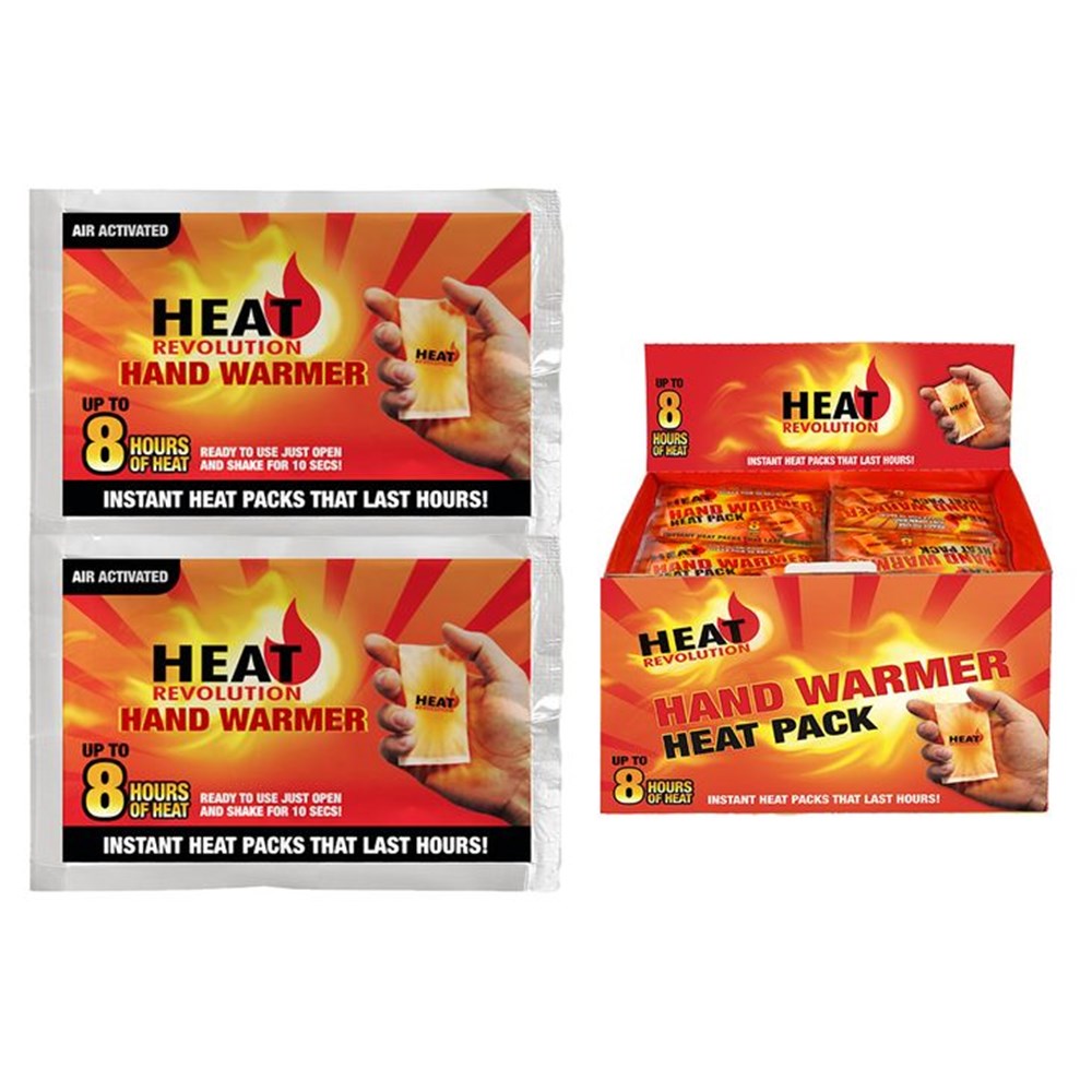bright orange and red packaging; shows hand holding warmer; mentions up to 8 hours heat; two packs included; air activated;