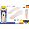 beige colour insoles; pair of insoles shown; EVA foam material; packaging shows trim to fit guide; packaging with blue and yellow design;