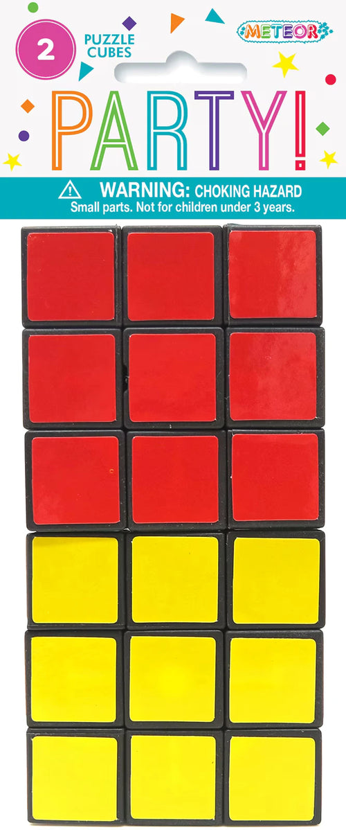 Two plastic puzzle cubes; Red and yellow coloured squares; Black cube frames; Packaged on blister card; Bright, colourful party style packaging;