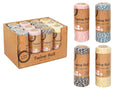 2 tone twisted cotton twine; Roll form with brown paper label; Four colour options: pink/white, blue/white, black/white, yellow/white; 120m length indicated on label;
