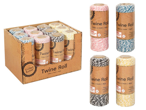 2 tone twisted cotton twine; Roll form with brown paper label; Four colour options: pink/white, blue/white, black/white, yellow/white; 120m length indicated on label;