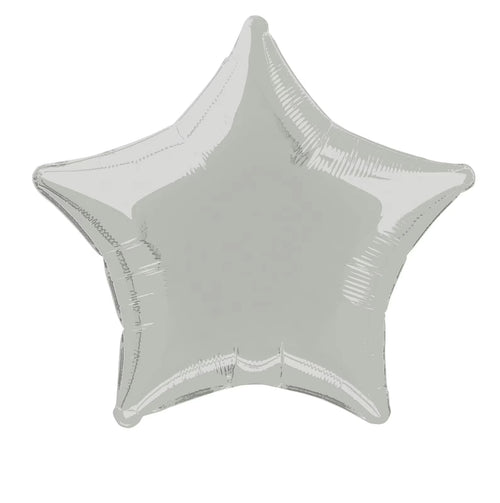 Star shaped balloon; Silver foil material; Reflective shiny surface; Approximately 20 inches wide; Lightweight and inflatable;